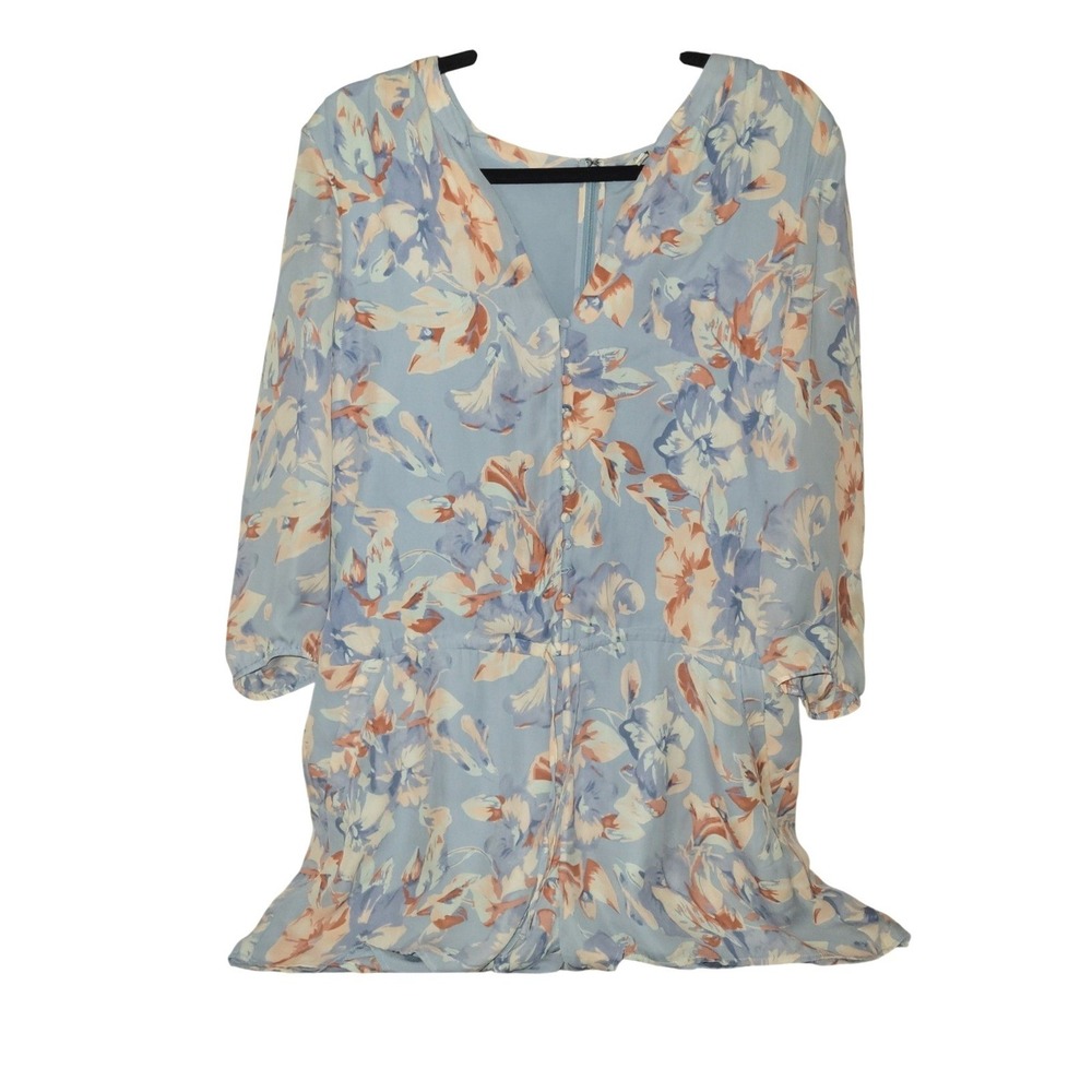 Joie‎ Blue Floral Silk V-Neck Short Romper 3/4 Sleeve Size Medium